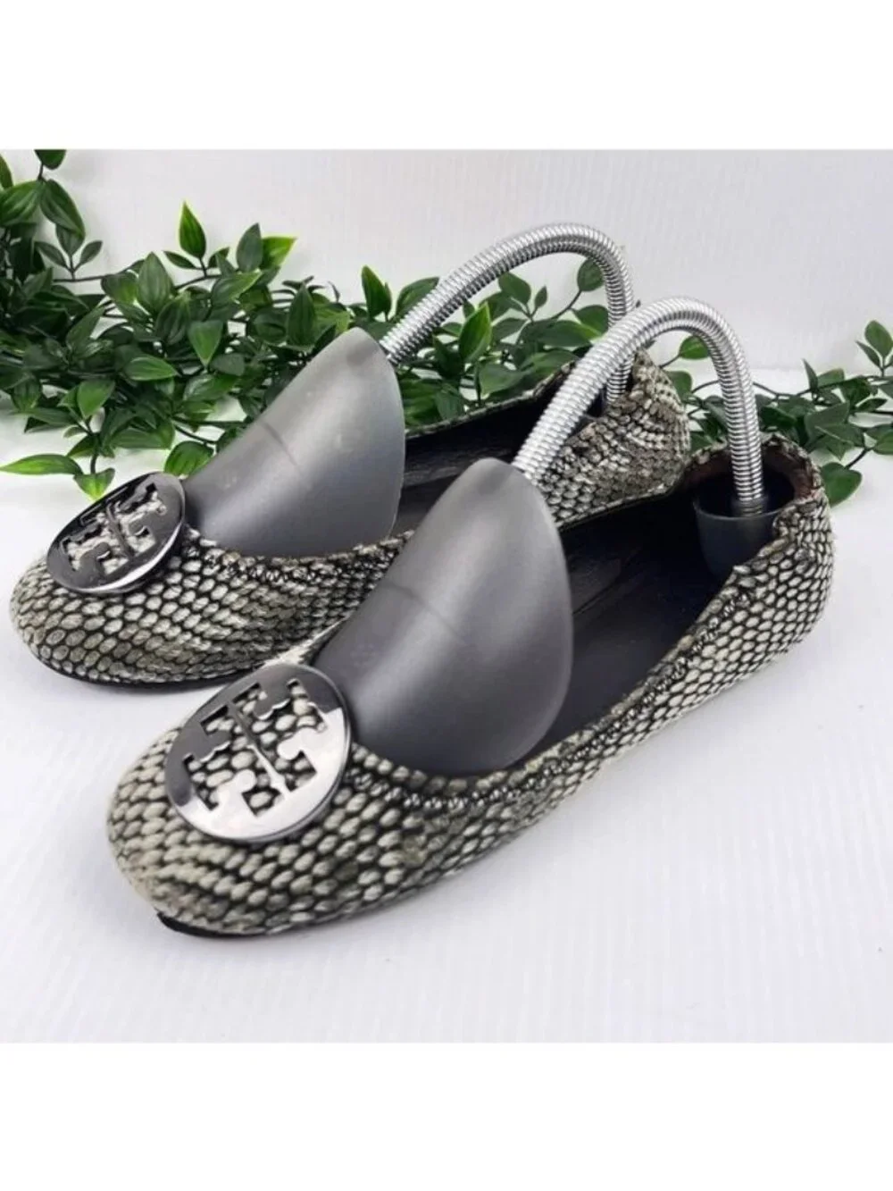 Tory Burch Reva Snake Printed Calf Hair gray Flat 7.5